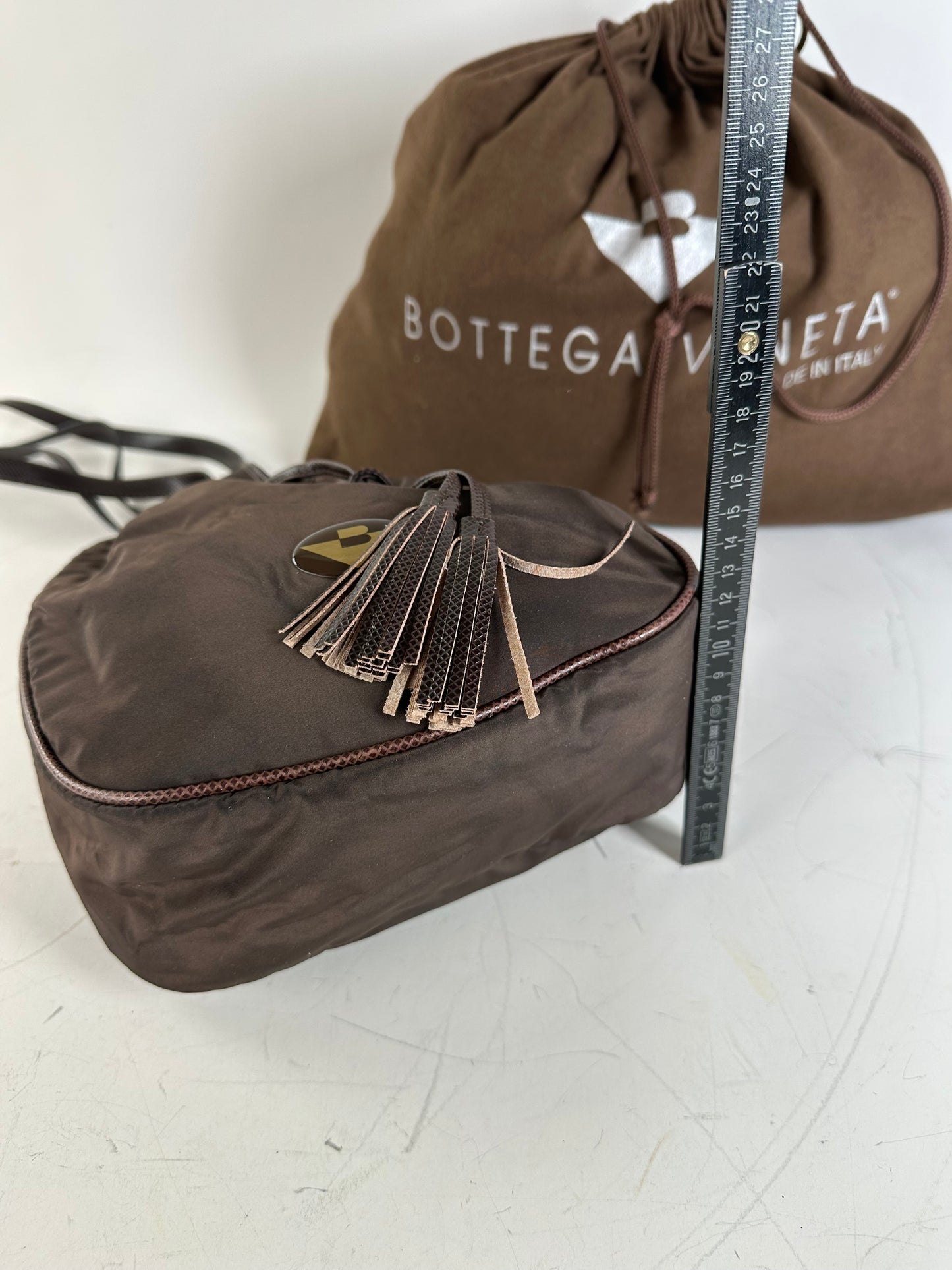 Vintage Bottega Veneta Drawstring Bag Nylon Leather Trim Dark Brown