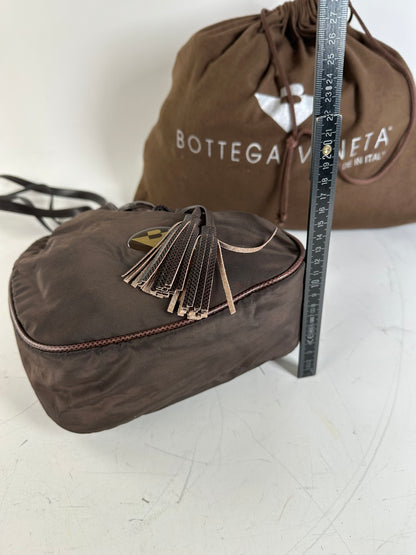 Vintage Bottega Veneta Drawstring Bag Nylon Leather Trim Dark Brown