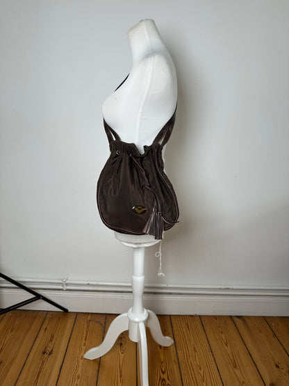 Vintage Bottega Veneta Drawstring Bag Nylon Leather Trim Dark Brown