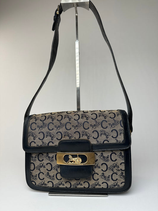 Vintage Celine Paris Canvas Leather Multiway Bag Grey Navy Black