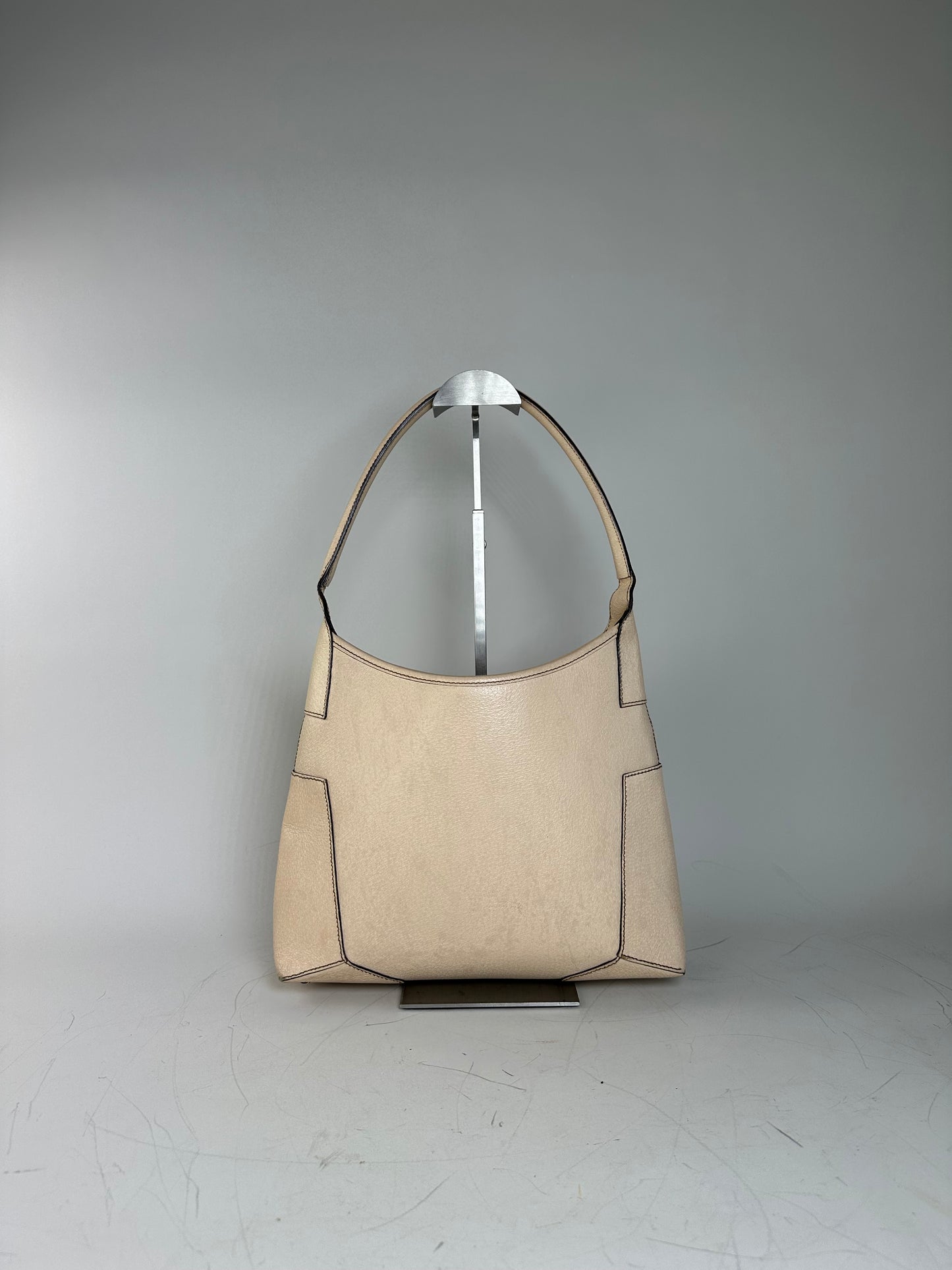Vintage Ferragamo Structured Leather Shoulder Bag Cream Gold
