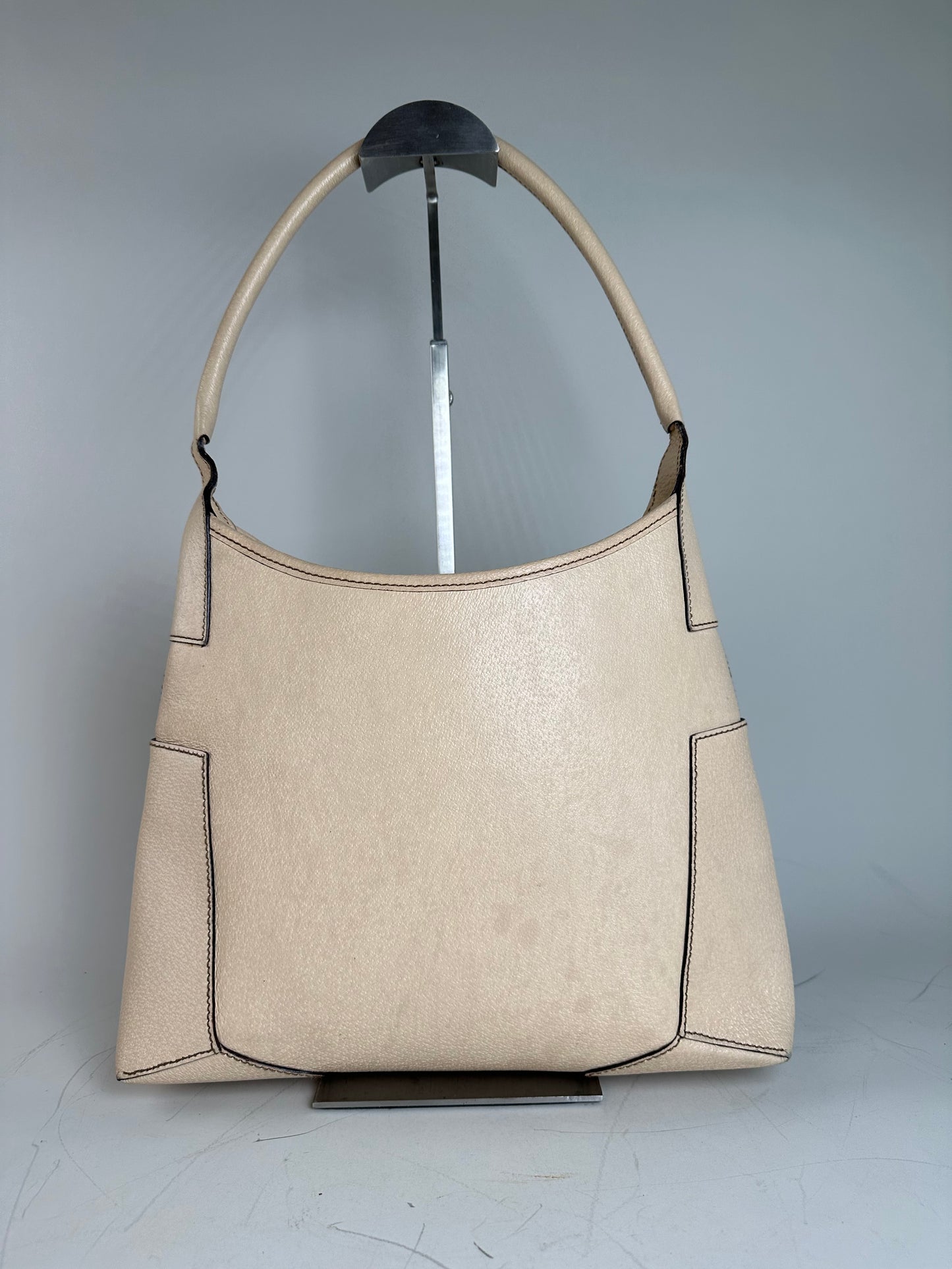 Vintage Ferragamo Structured Leather Shoulder Bag Cream Gold