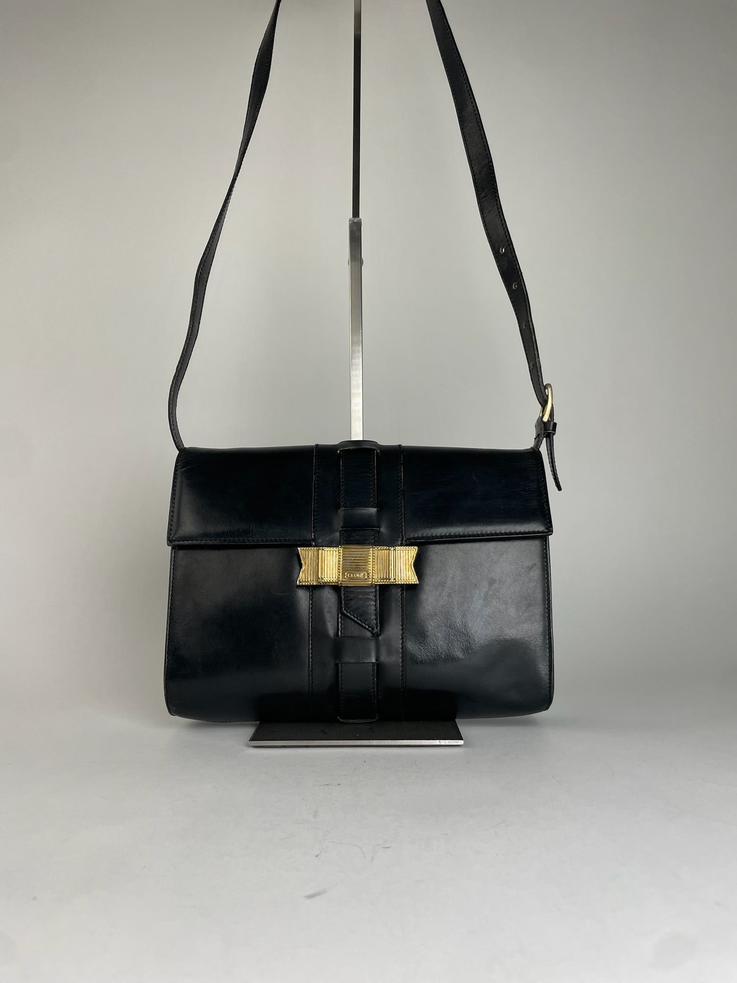 Celine Classic Shoulder Bag Black Leather Gold Detail