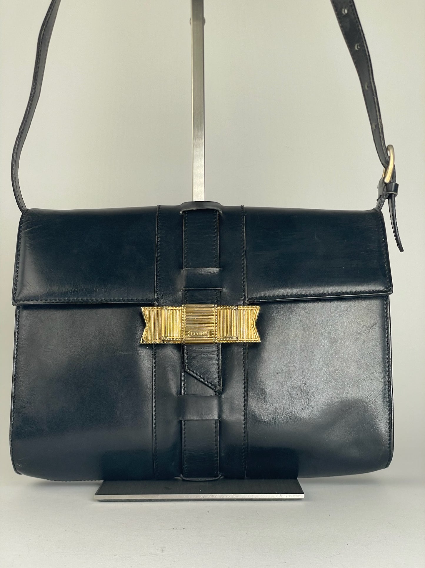 Celine Classic Shoulder Bag Black Leather Gold Detail
