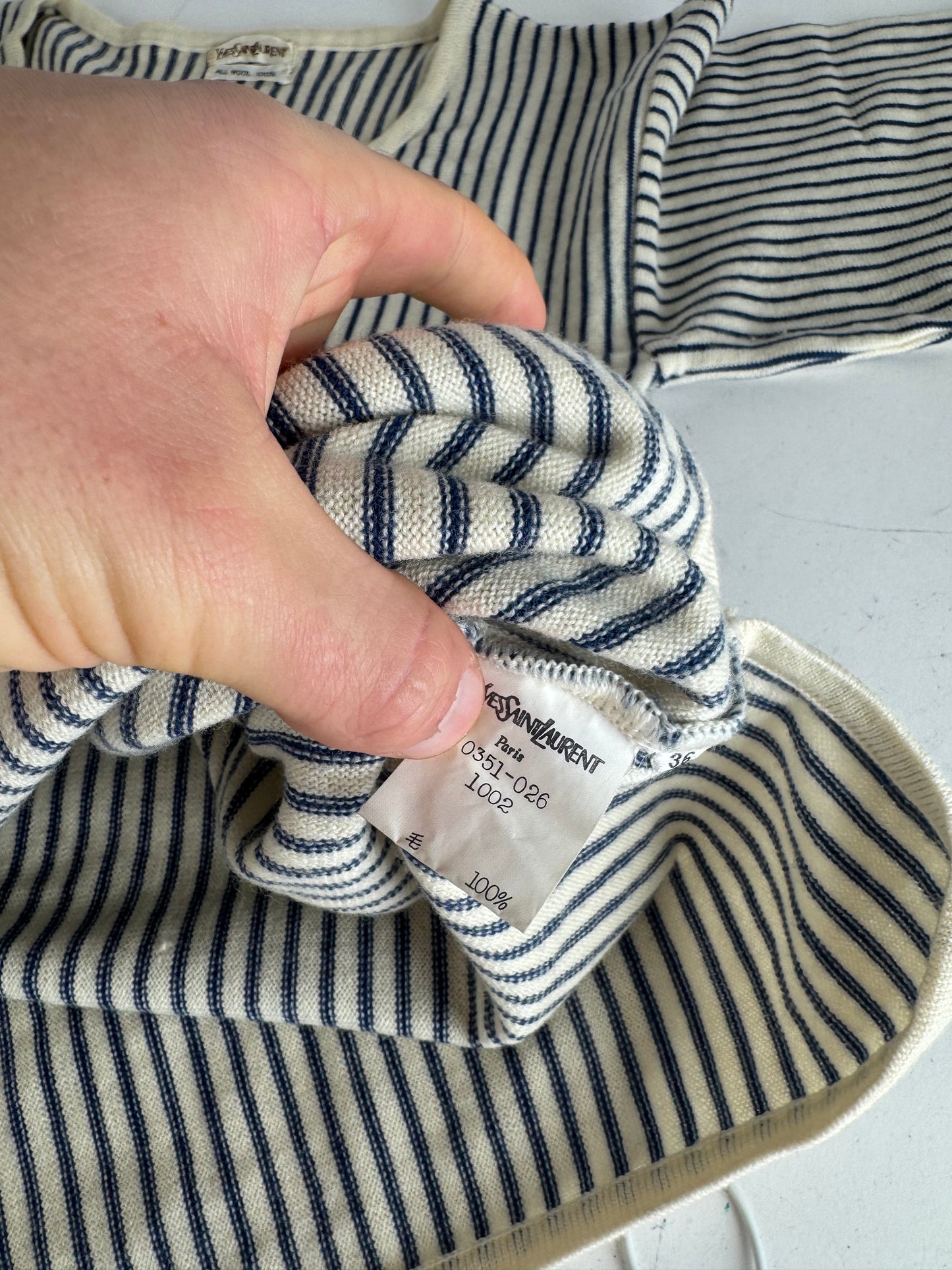 Vintage Yves Saint Laurent Striped Wool Sweater 36/S Navy beige