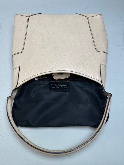 Vintage Ferragamo Structured Leather Shoulder Bag Cream Gold