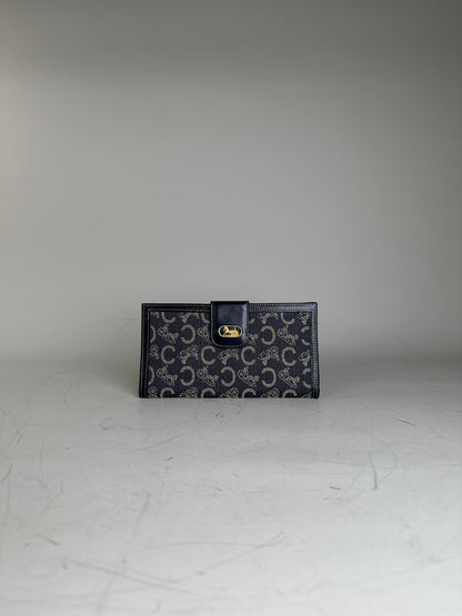 Vintage Celine C Monogram Canvas Wallet Navy Grey Gold