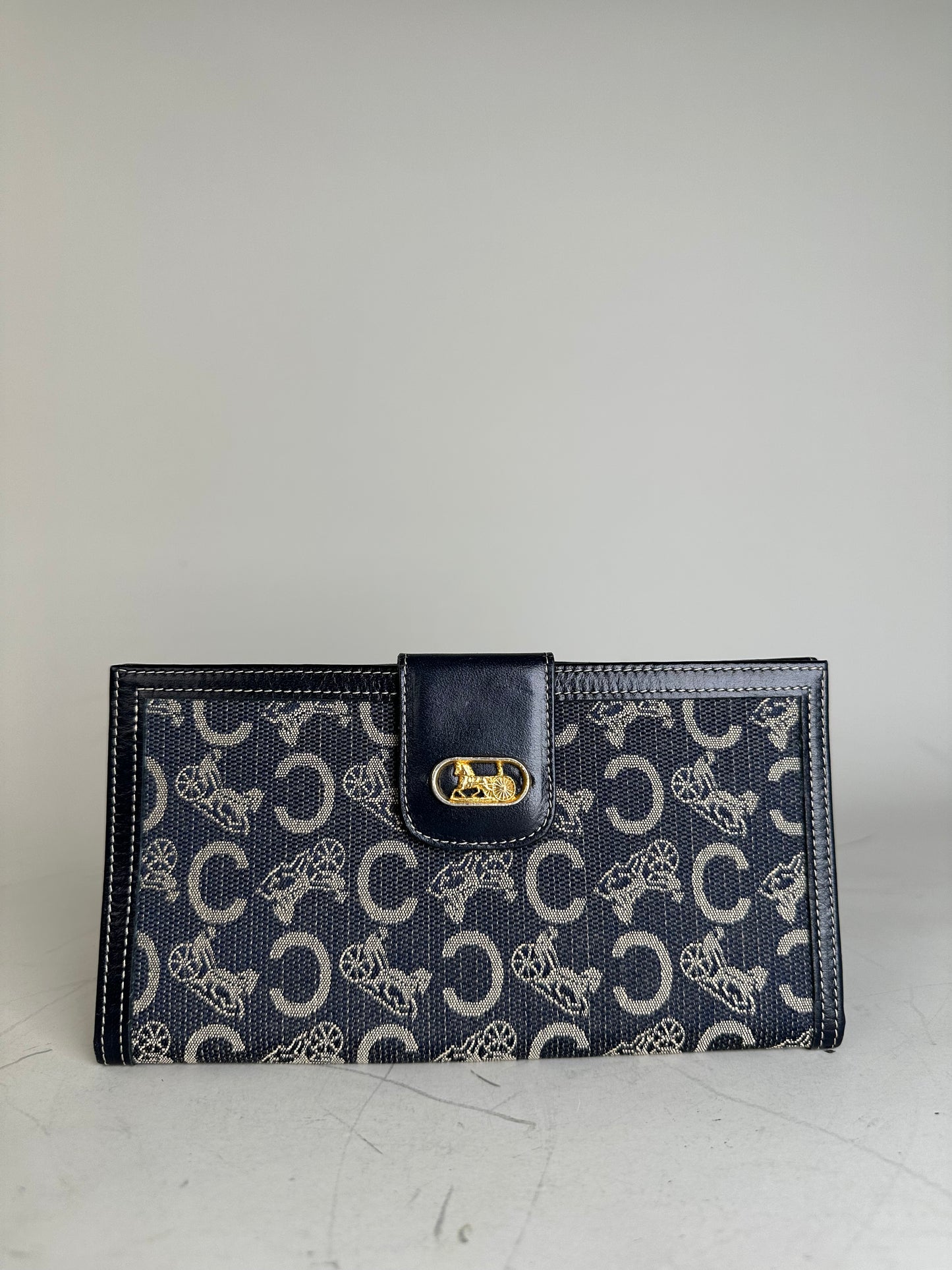 Vintage Celine C Monogram Canvas Wallet Navy Grey Gold