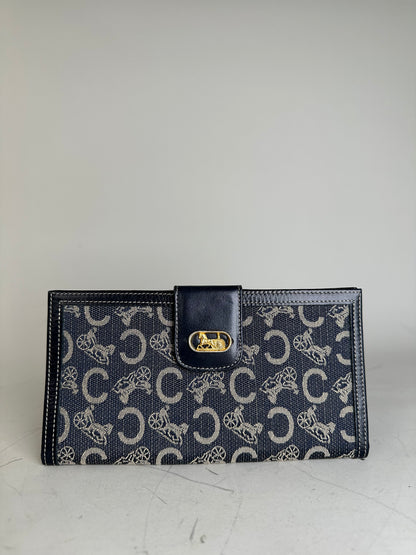 Vintage Celine C Monogram Canvas Wallet Navy Grey Gold