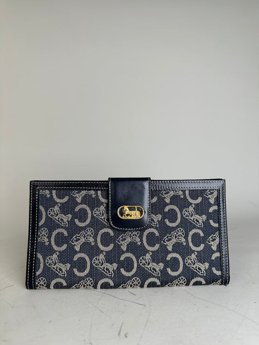 Vintage Celine C Monogram Canvas Wallet Navy Grey Gold