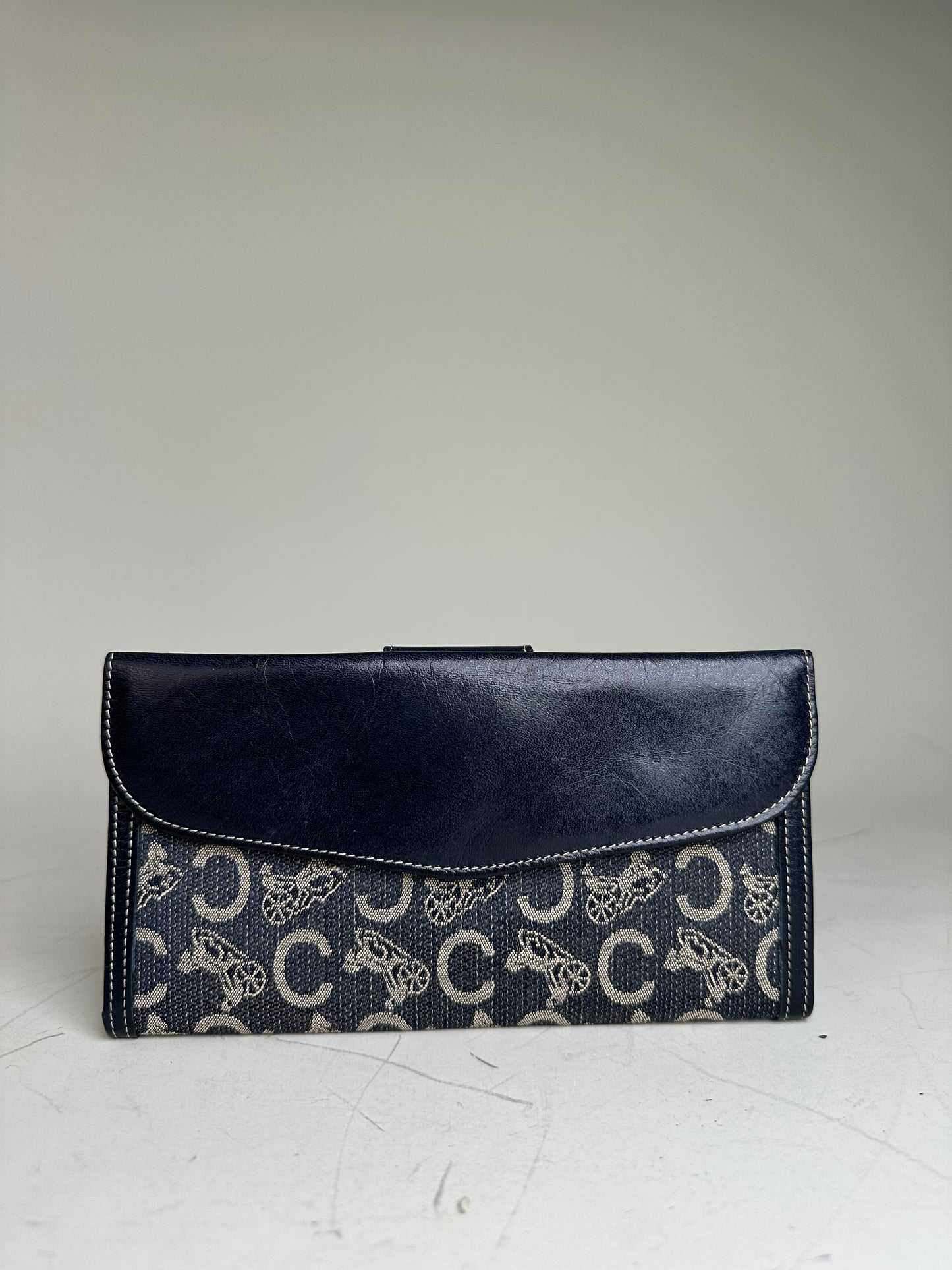 Vintage Celine C Monogram Canvas Wallet Navy Grey Gold