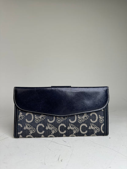 Vintage Celine C Monogram Canvas Wallet Navy Grey Gold