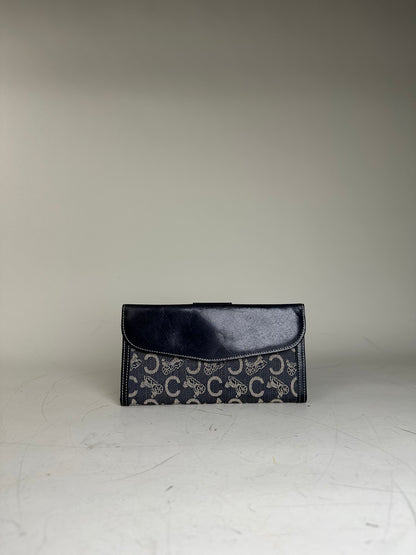 Vintage Celine C Monogram Canvas Wallet Navy Grey Gold