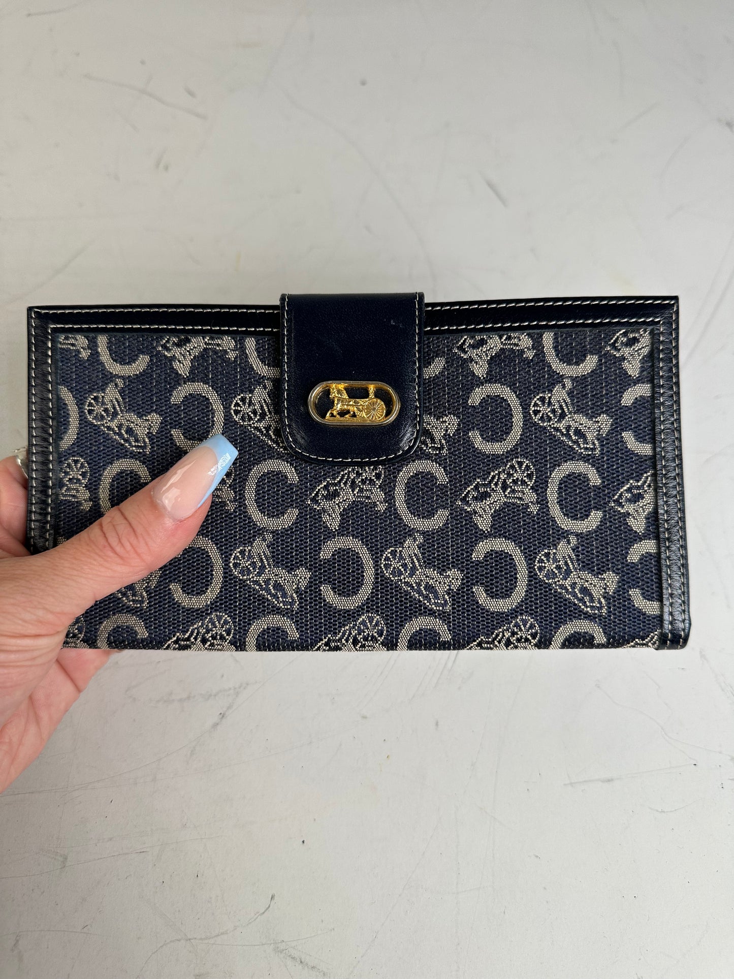Vintage Celine C Monogram Canvas Wallet Navy Grey Gold