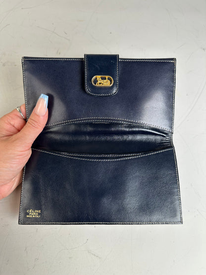 Vintage Celine C Monogram Canvas Wallet Navy Grey Gold