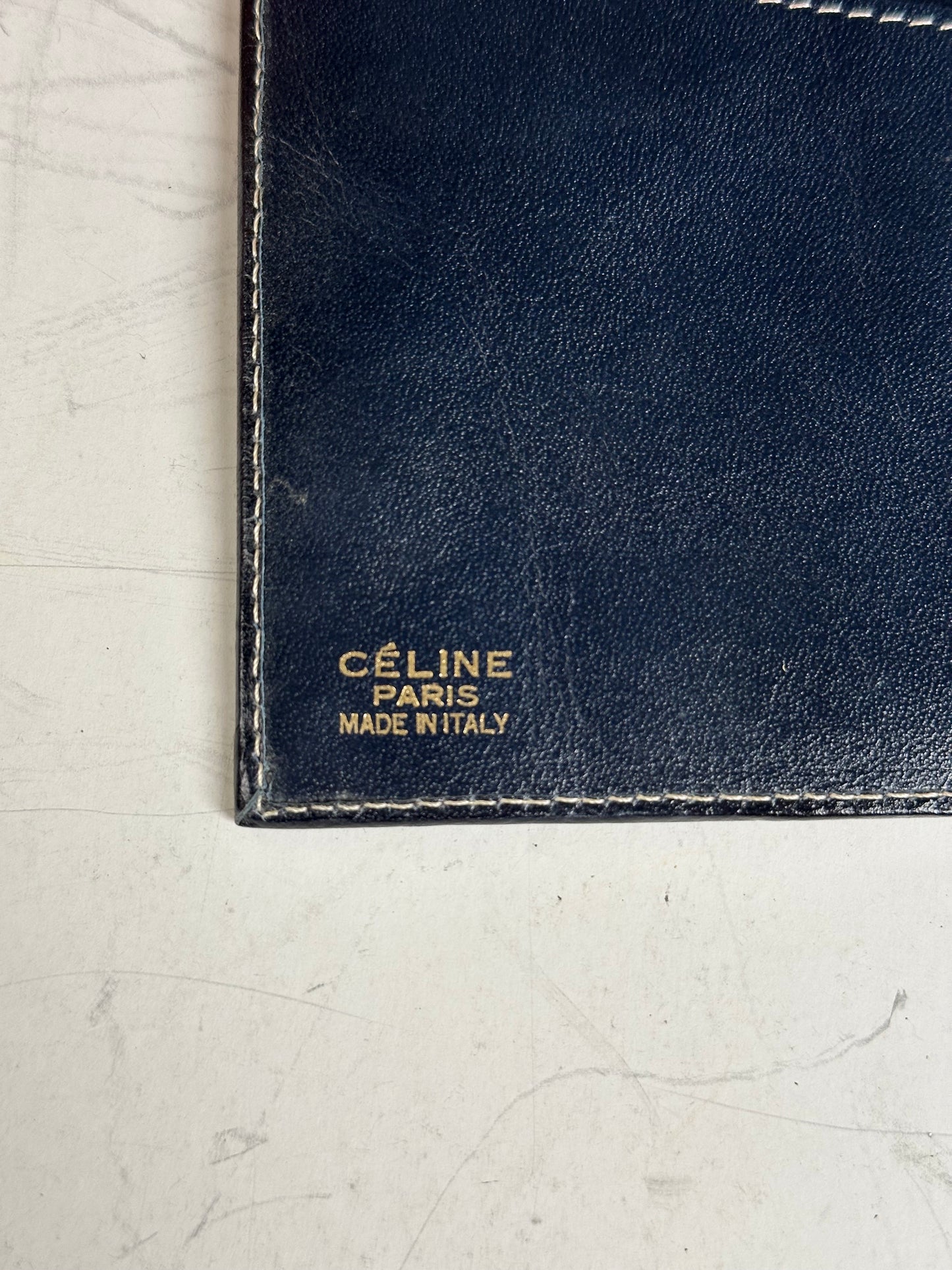 Vintage Celine C Monogram Canvas Wallet Navy Grey Gold