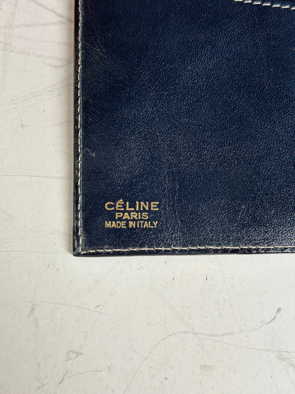Vintage Celine C Monogram Canvas Wallet Navy Grey Gold