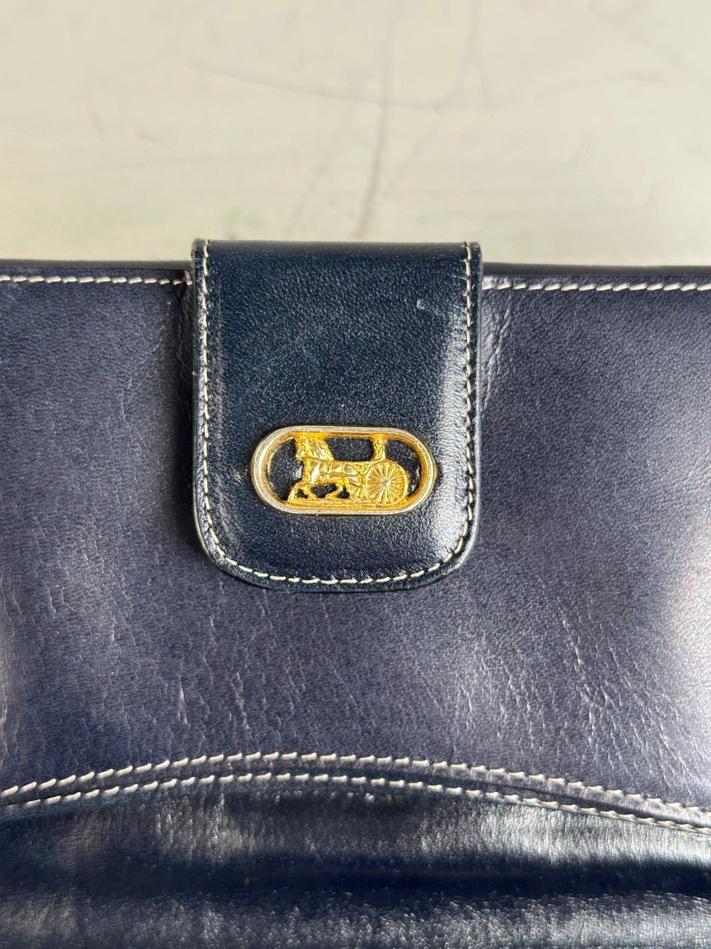 Vintage Celine C Monogram Canvas Wallet Navy Grey Gold