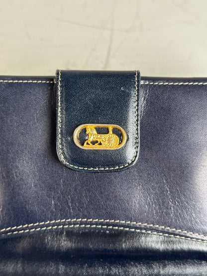 Vintage Celine C Monogram Canvas Wallet Navy Grey Gold