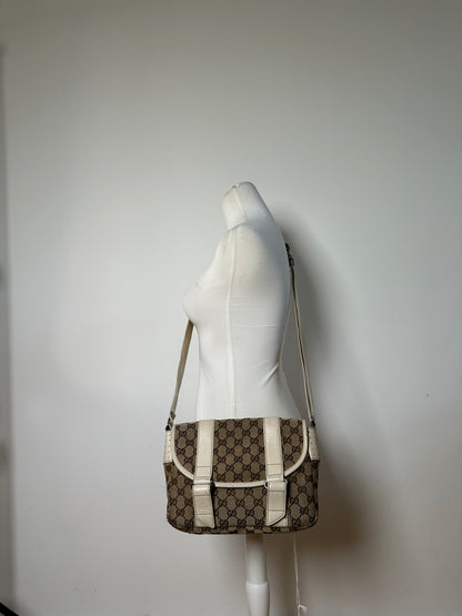 Vintage Gucci GG Supreme Shoulder Bag Beige Brown Silver