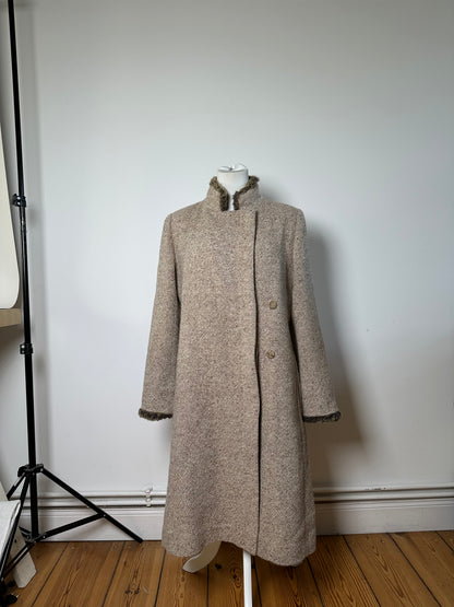 Vintage Givenchy Wool Blend Coat Fur Trim Beige Grey M