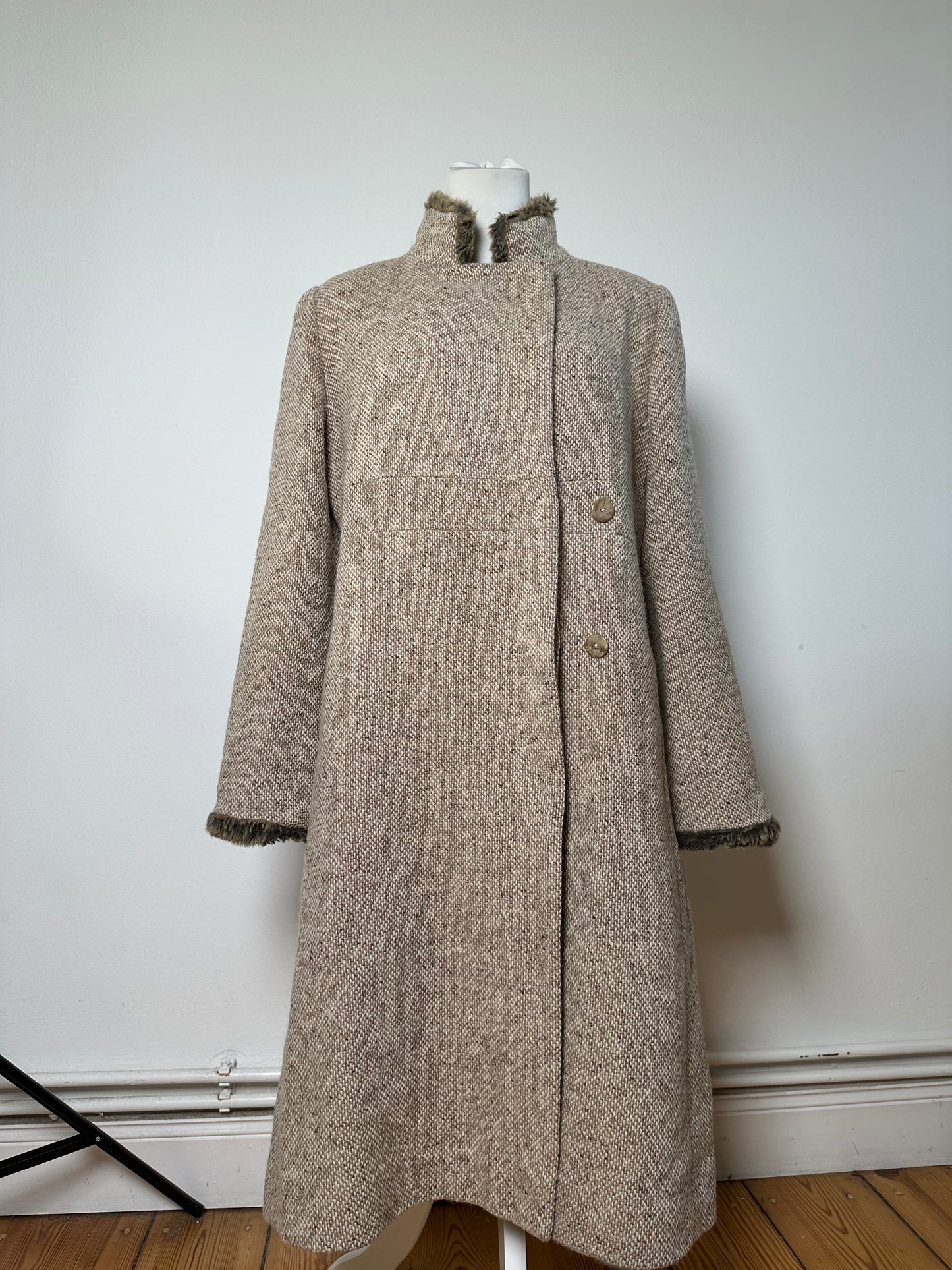 Vintage Givenchy Wool Blend Coat Fur Trim Beige Grey M
