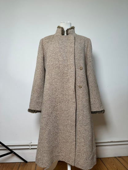 Vintage Givenchy Wool Blend Coat Fur Trim Beige Grey M