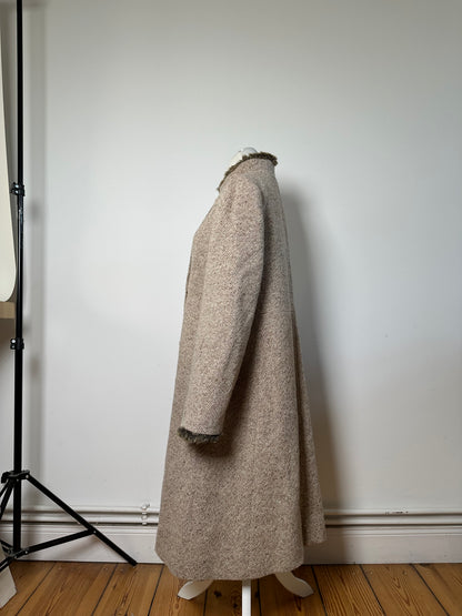 Vintage Givenchy Wool Blend Coat Fur Trim Beige Grey M