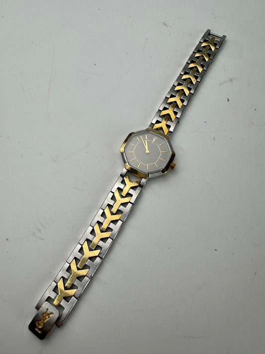Vintage Yves Saint Laurent Bicolor Quartz Watch Silver Gold