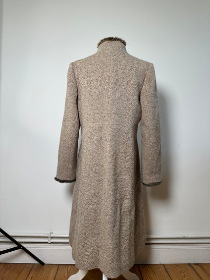 Vintage Givenchy Wool Blend Coat Fur Trim Beige Grey M