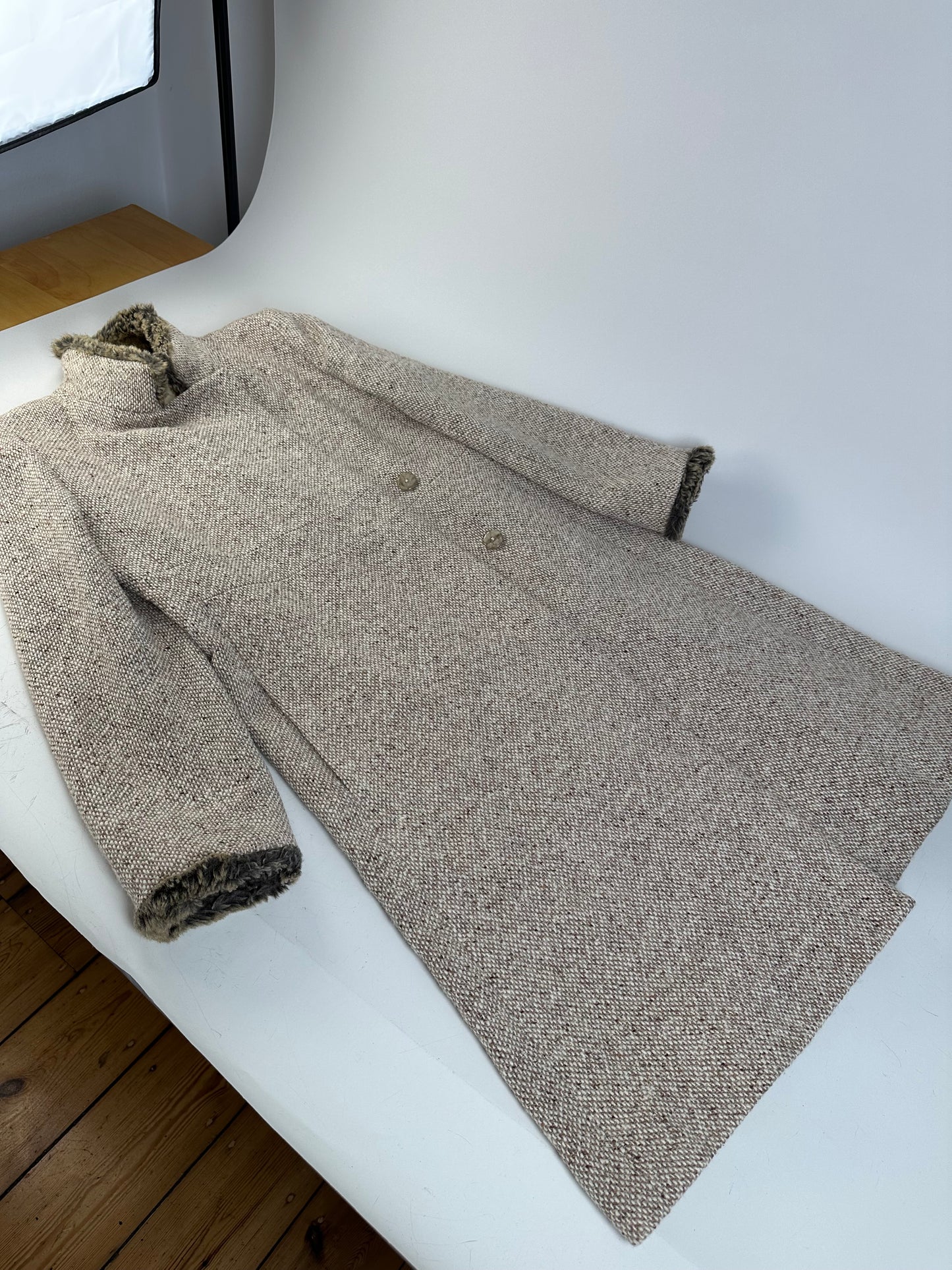 Vintage Givenchy Wool Blend Coat Fur Trim Beige Grey M