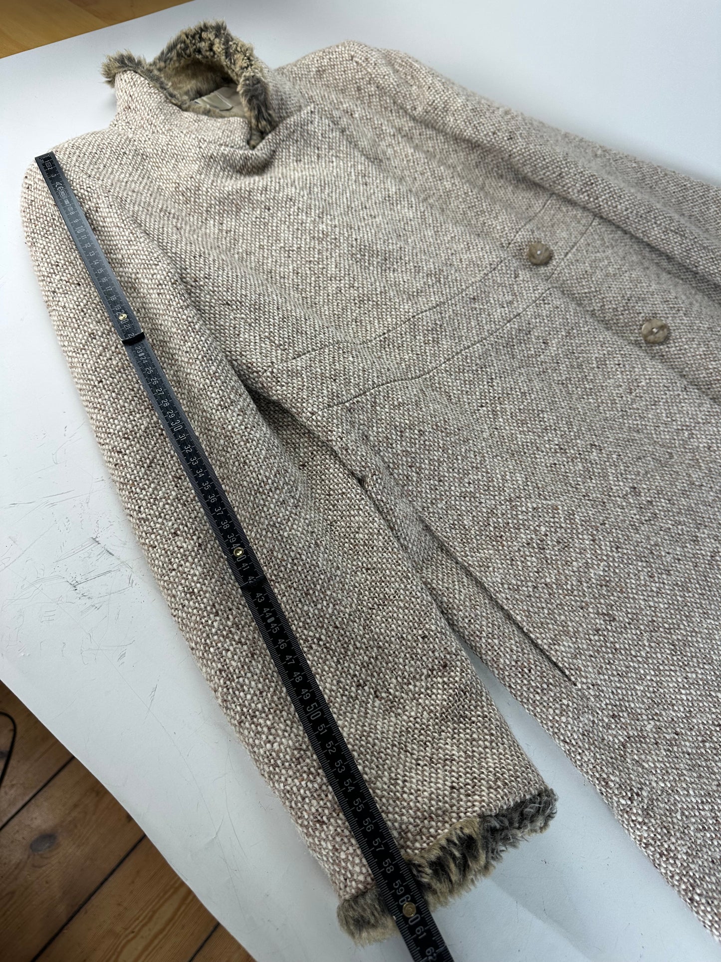 Vintage Givenchy Wool Blend Coat Fur Trim Beige Grey M