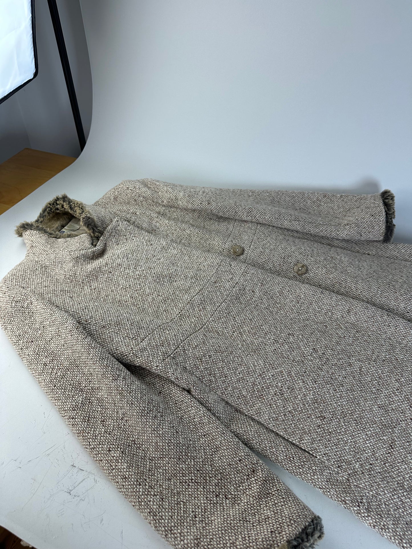 Vintage Givenchy Wool Blend Coat Fur Trim Beige Grey M