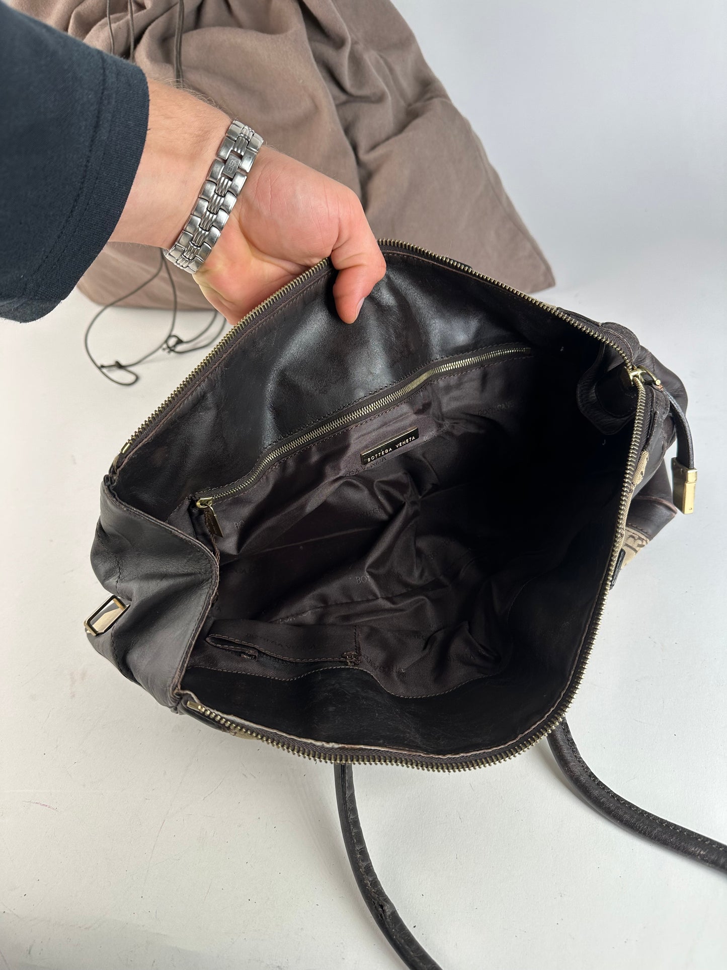 Vintage Bottega Veneta Canvas Leather Handbag Beige Brown Black
