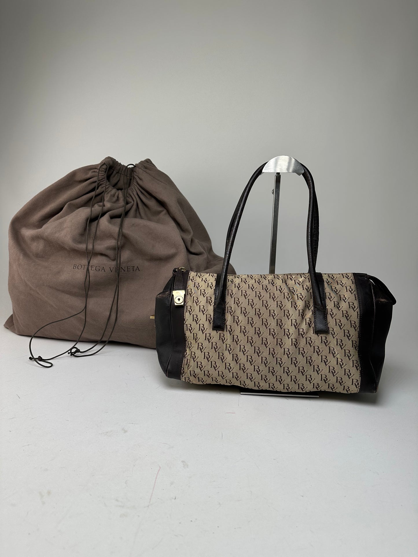 Vintage Bottega Veneta Canvas Leather Handbag Beige Brown Black