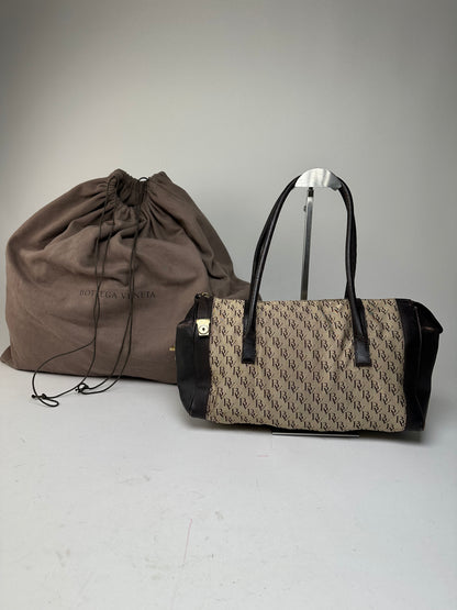 Vintage Bottega Veneta Canvas Leather Handbag Beige Brown Black