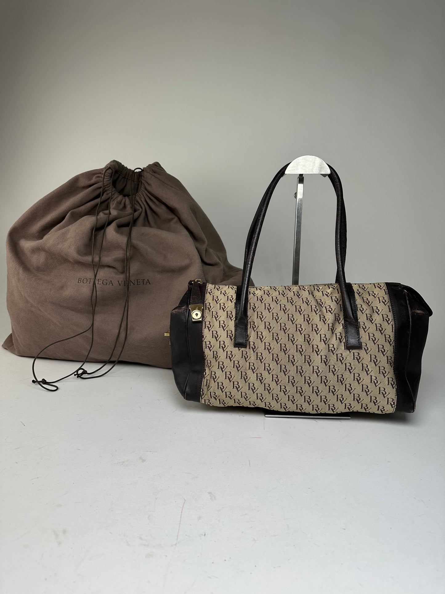 Vintage Bottega Veneta Canvas Leather Handbag Beige Brown Black