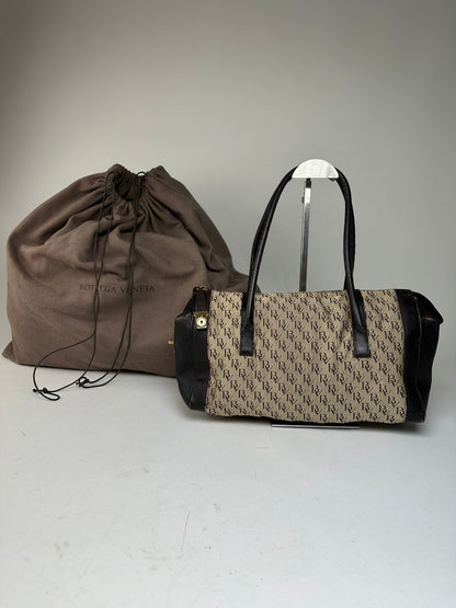 Vintage Bottega Veneta Canvas Leather Handbag Beige Brown Black