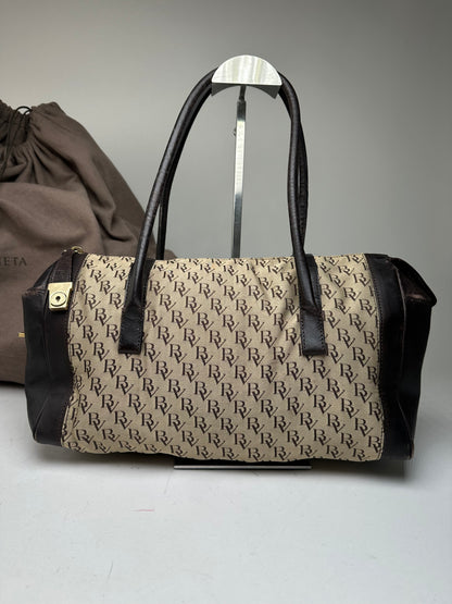 Vintage Bottega Veneta Canvas Leather Handbag Beige Brown Black