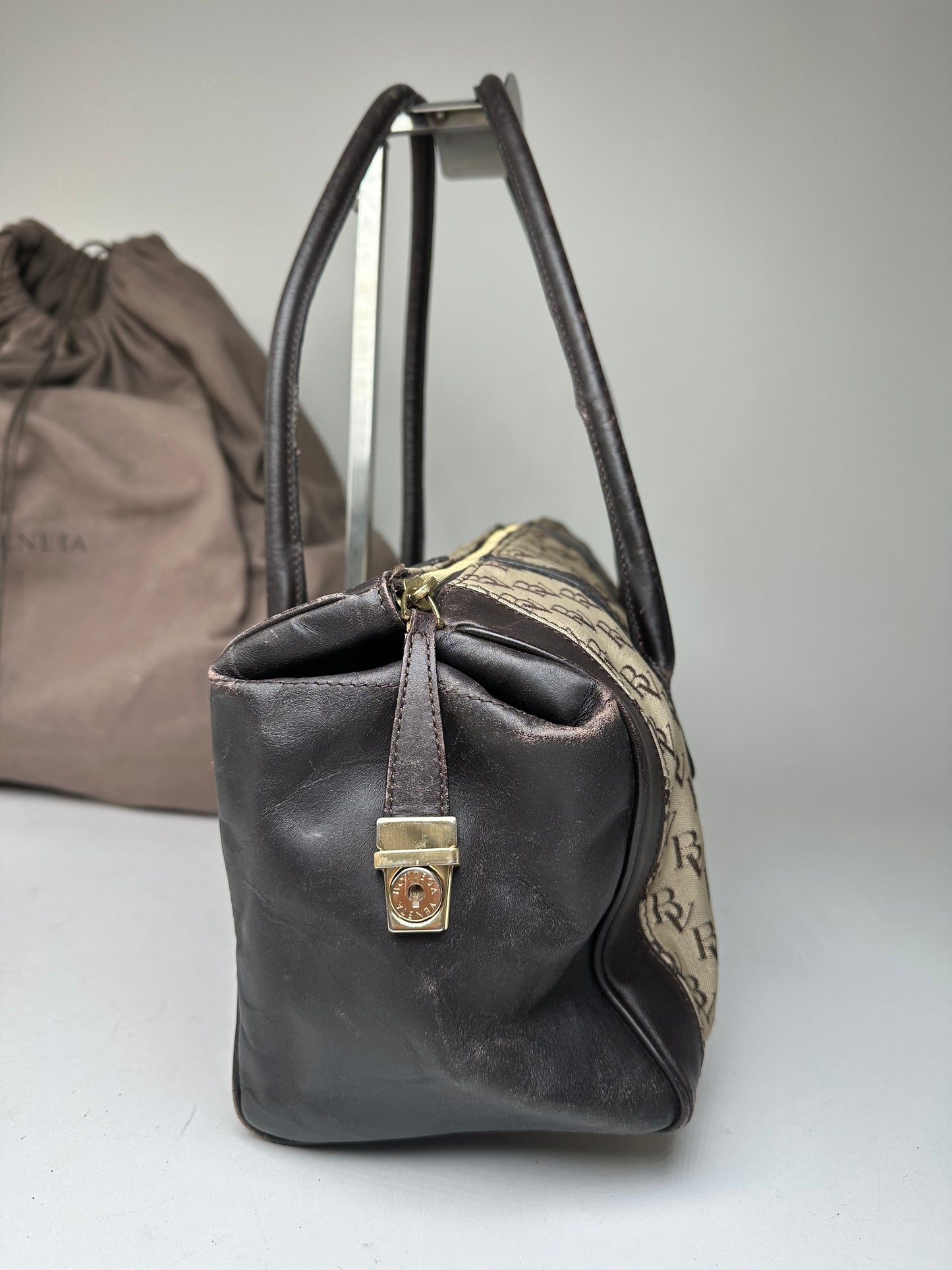 Vintage Bottega Veneta Canvas Leather Handbag Beige Brown Black