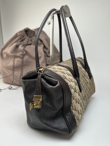 Vintage Bottega Veneta Canvas Leather Handbag Beige Brown Black