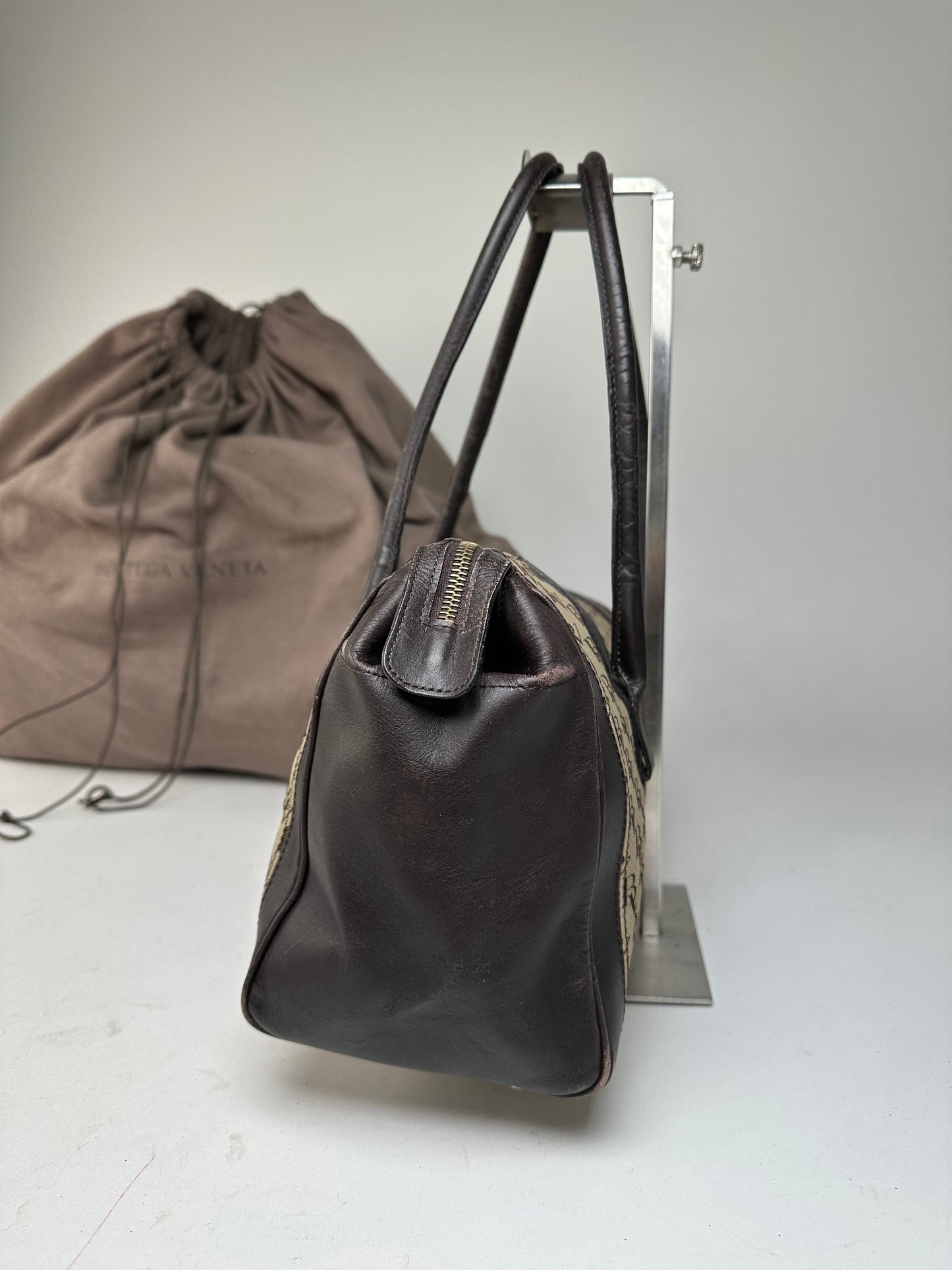 Vintage Bottega Veneta Canvas Leather Handbag Beige Brown Black