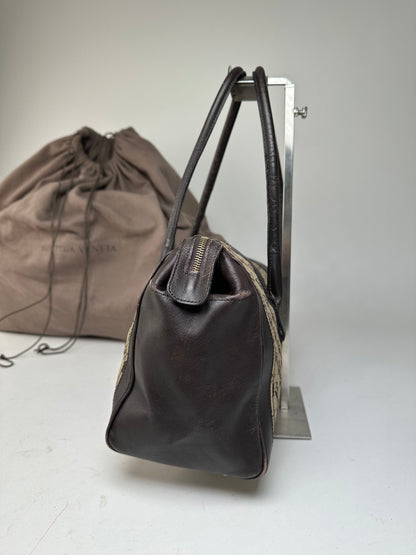 Vintage Bottega Veneta Canvas Leather Handbag Beige Brown Black