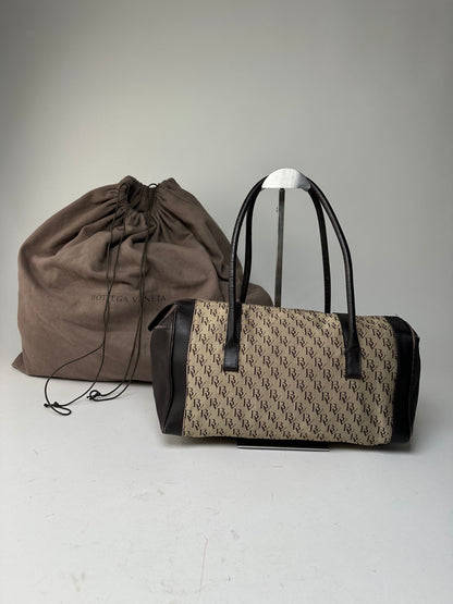 Vintage Bottega Veneta Canvas Leather Handbag Beige Brown Black