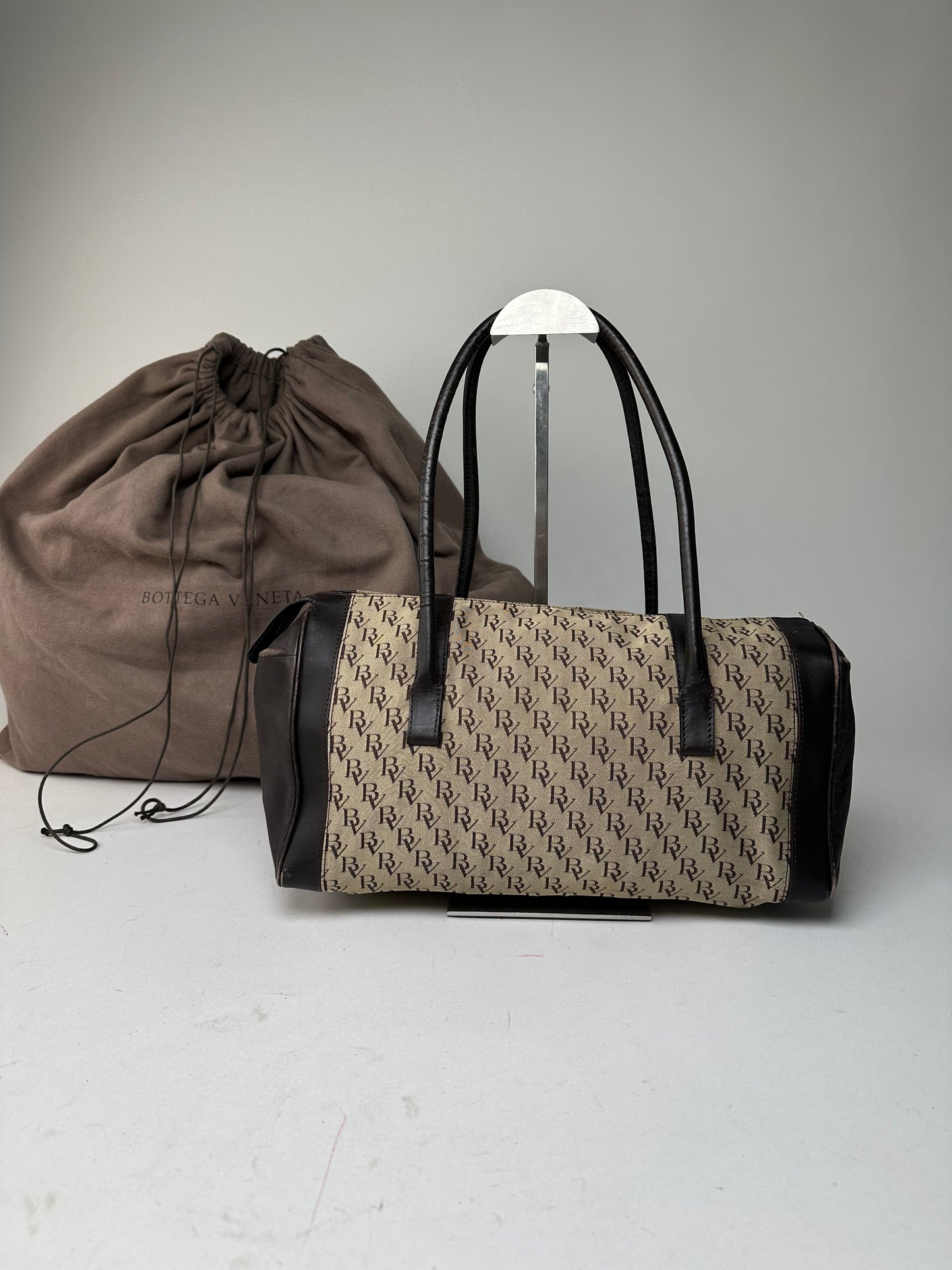 Vintage Bottega Veneta Canvas Leather Handbag Beige Brown Black