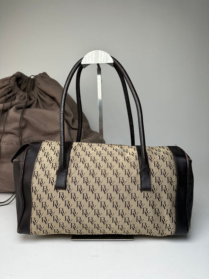 Vintage Bottega Veneta Canvas Leather Handbag Beige Brown Black