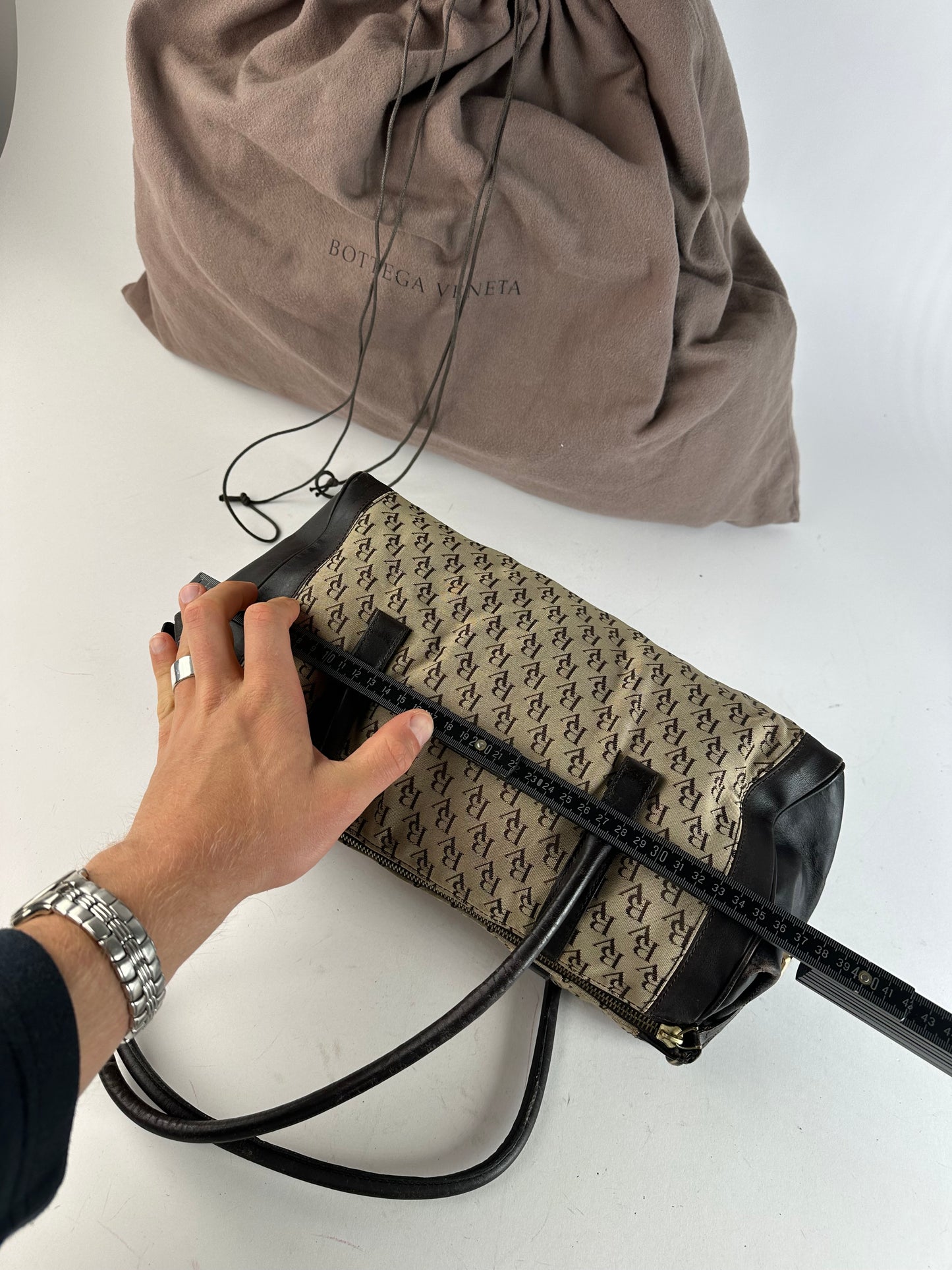 Vintage Bottega Veneta Canvas Leather Handbag Beige Brown Black