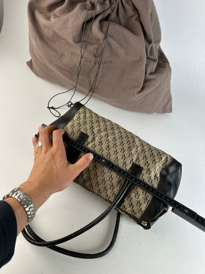 Vintage Bottega Veneta Canvas Leather Handbag Beige Brown Black