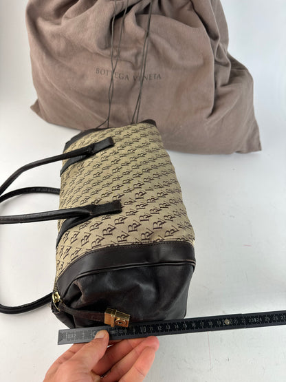 Vintage Bottega Veneta Canvas Leather Handbag Beige Brown Black