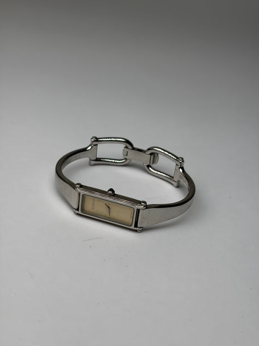 Vintage Gucci Stainless Steel Bracelet Watch Late 1990s Silver Cream
